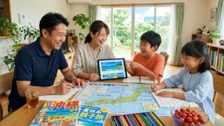 リビングのテーブルを囲み、沖縄旅行のガイドブックや地図、タブレットを見ながら笑顔で夏休みの計画を立てる4人家族