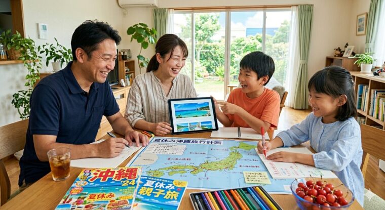 リビングのテーブルを囲み、沖縄旅行のガイドブックや地図、タブレットを見ながら笑顔で夏休みの計画を立てる4人家族