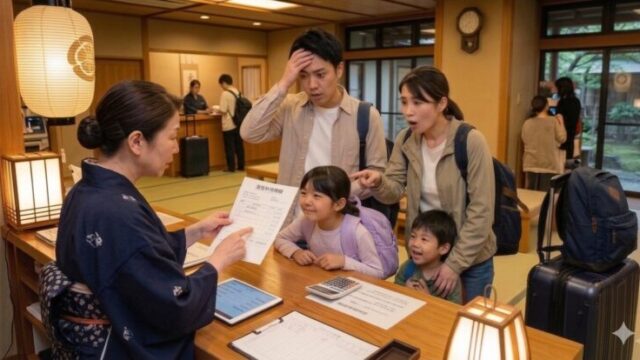 旅館のフロントで宿泊税や現地払い費用の説明を受ける家族旅行客