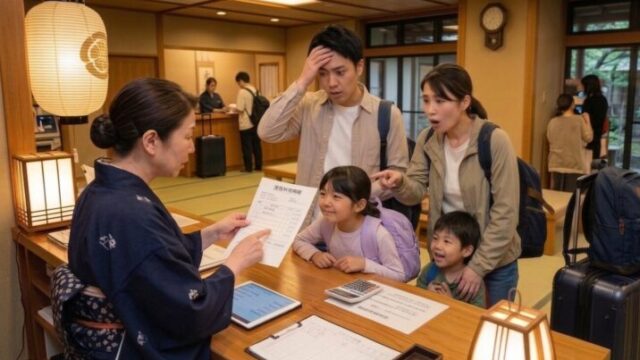 旅館のフロントで宿泊税や現地払い費用の説明を受ける家族旅行客