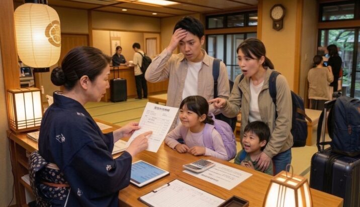 旅館のフロントで宿泊税や現地払い費用の説明を受ける家族旅行客
