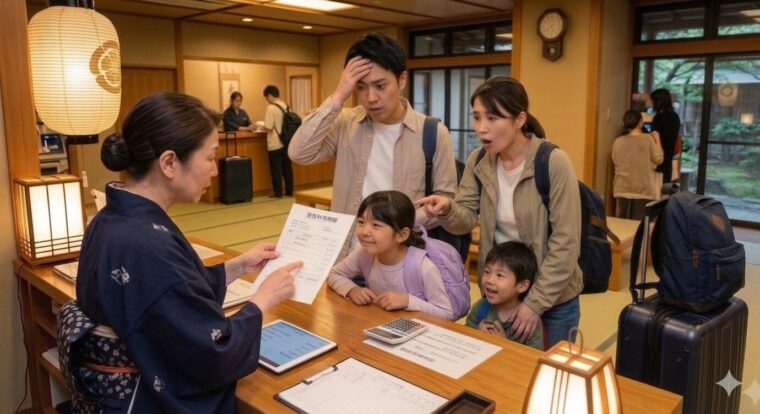 旅館のフロントで宿泊税や現地払い費用の説明を受ける家族旅行客
