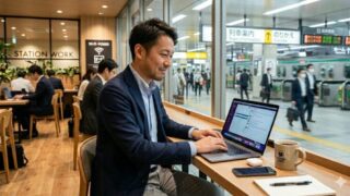 STATION WORKで仕事をする利用者。駅ナカオフィスで出張や旅行中に使えるワークスペース