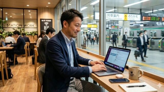 STATION WORKで仕事をする利用者。駅ナカオフィスで出張や旅行中に使えるワークスペース