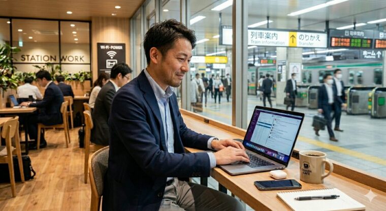 STATION WORKで仕事をする利用者。駅ナカオフィスで出張や旅行中に使えるワークスペース
