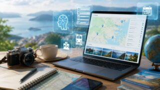 AIを使って旅行計画を立てるイメージ。ノートPCに表示された旅行ルートと地図、旅行アイテムが並ぶ風景