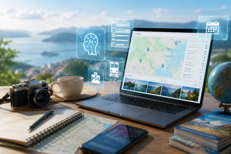 AIを使って旅行計画を立てるイメージ。ノートPCに表示された旅行ルートと地図、旅行アイテムが並ぶ風景