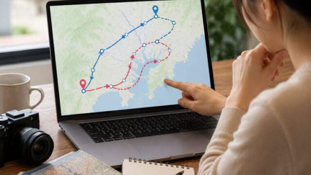AIで作成した旅行ルートを地図上で確認したところ、不自然に行ったり来たりする経路になっている様子