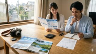 旅行パンフレットと電卓、クレジットカードを机に並べ、国内旅行保険の案内を真剣に見比べる日本人カップル。