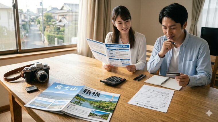 旅行パンフレットと電卓、クレジットカードを机に並べ、国内旅行保険の案内を真剣に見比べる日本人カップル。