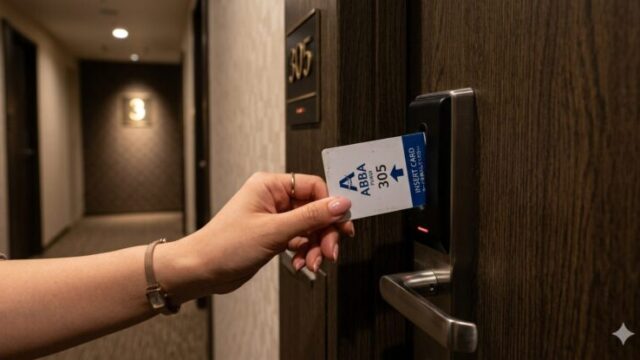 ホテルのドアの電子ロックにカードキーを差し込んで解錠する手元の様子