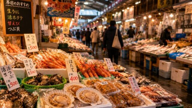 新鮮な海産物が並ぶ日本の市場で地元グルメを楽しむ美食旅のイメージ
