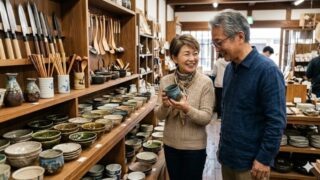 伝統工芸品の店で、長く使える焼き物の器を笑顔で選ぶ男女。棚には包丁やキッチンツールが並んでいる。