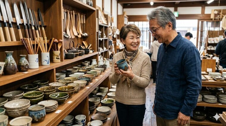伝統工芸品の店で、長く使える焼き物の器を笑顔で選ぶ男女。棚には包丁やキッチンツールが並んでいる。