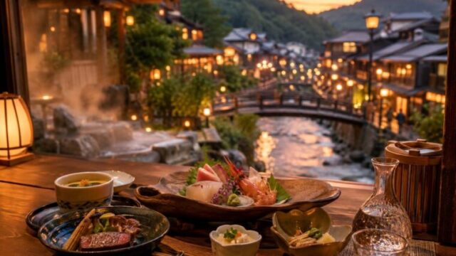 温泉街で地元グルメと地酒を楽しむ近場美食旅のイメージ