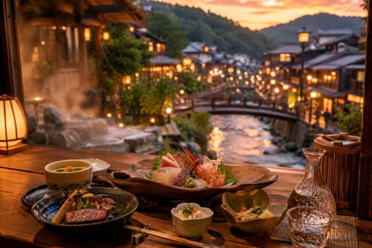 温泉街で地元グルメと地酒を楽しむ近場美食旅のイメージ