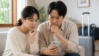 旅行前に子どもの発熱を心配する両親と背景の旅行カバン