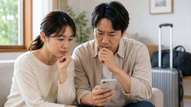 旅行前に子どもの発熱を心配する両親と背景の旅行カバン