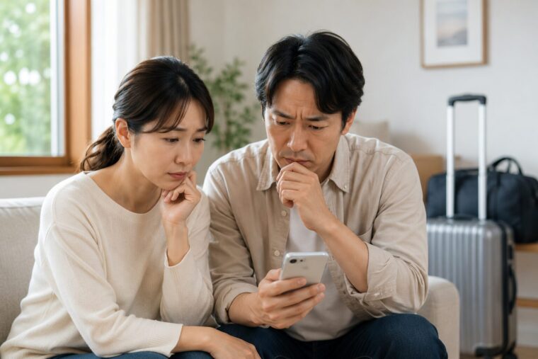 旅行前に子どもの発熱を心配する両親と背景の旅行カバン
