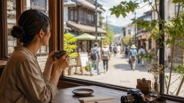 旅行先のカフェで街並みを眺めながら休憩する様子