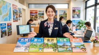 旅行カウンターで笑顔の女性スタッフが、札幌、富山、金沢、松本、別府の5都市の旅行パンフレットを並べて紹介している様子