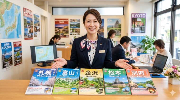 旅行カウンターで笑顔の女性スタッフが、札幌、富山、金沢、松本、別府の5都市の旅行パンフレットを並べて紹介している様子