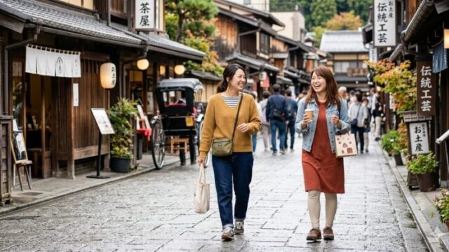 日本の街並みを歩く女性二人組の観光客